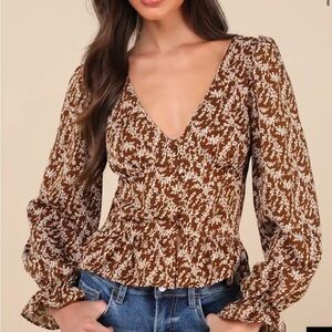 Floral Brown V-Neck Women's Top